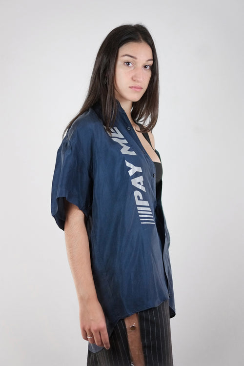 Vintage Reworked Reflective 'PAY ME' Navy Silk Shirt