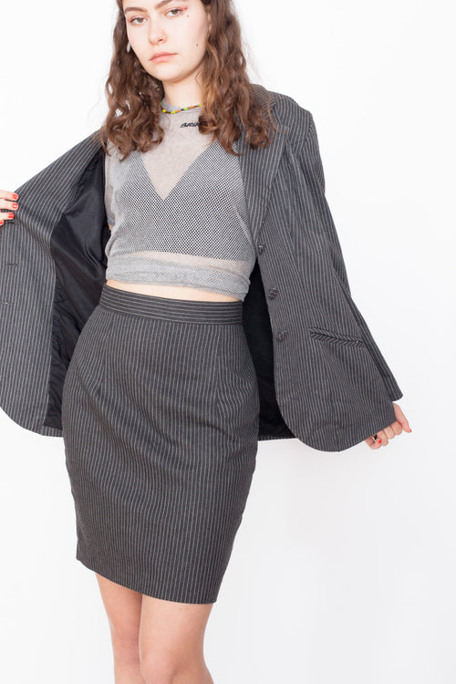 Vintage 80s Grey Pinstripe Blazer & Skirt Suit
