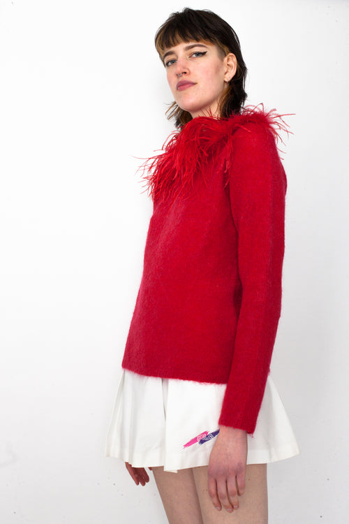 Vintage 90s Red Wool Feather Collar Pullover