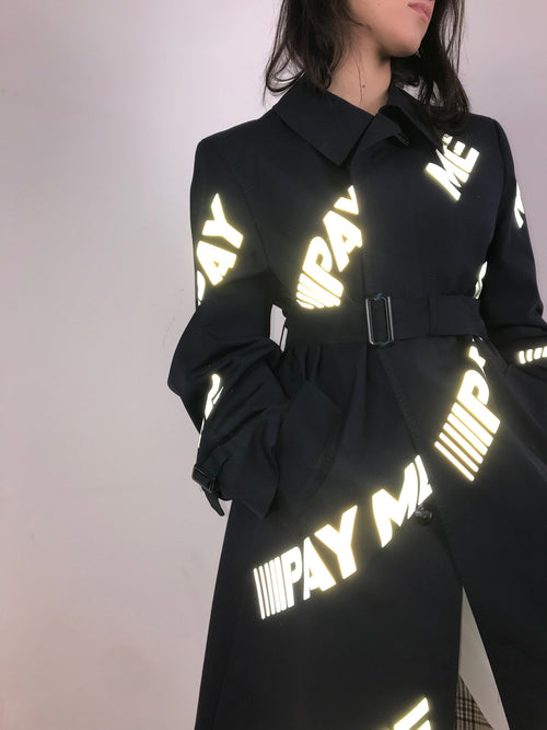 Vintage Reworked Reflective Navy Pay Me Trench Coat