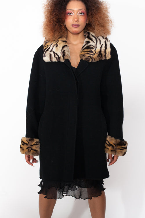 Vintage 90s Wool Coat with Tiger Print Collar