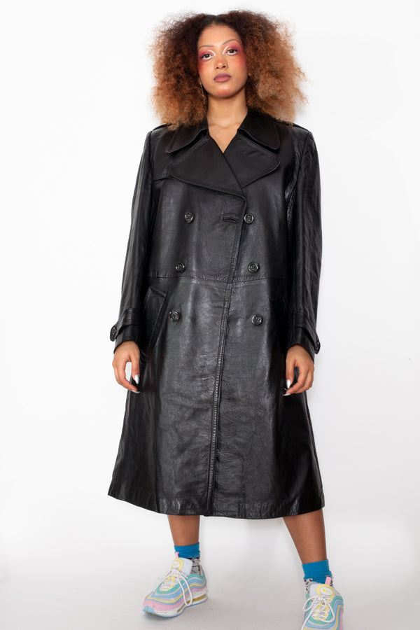 Vintage 80s Leather Trench Coat - The Black Market