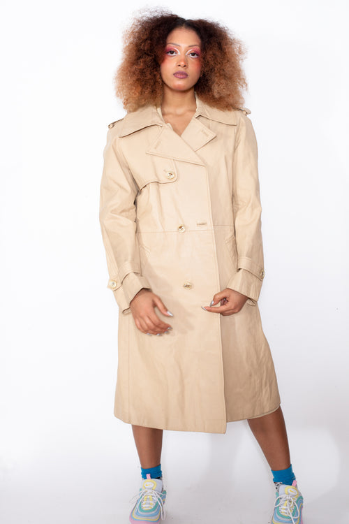 Vintage 80s Beige Leather Trench Coat