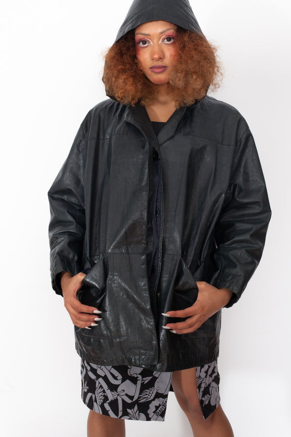 Vintage 80s Navy Hoodie Leather Jacket - The Black Market