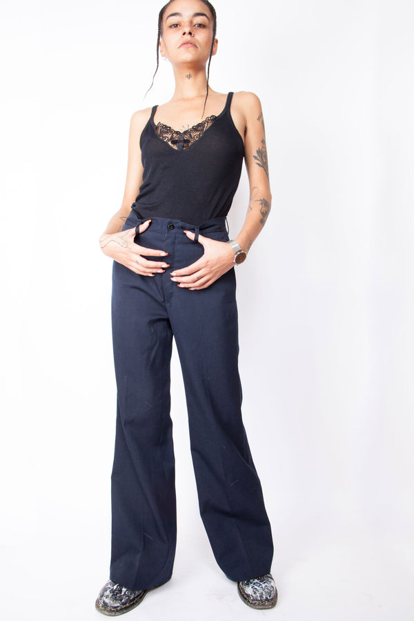 Vintage 70s Navy Flared Work Trousers - The Black Market