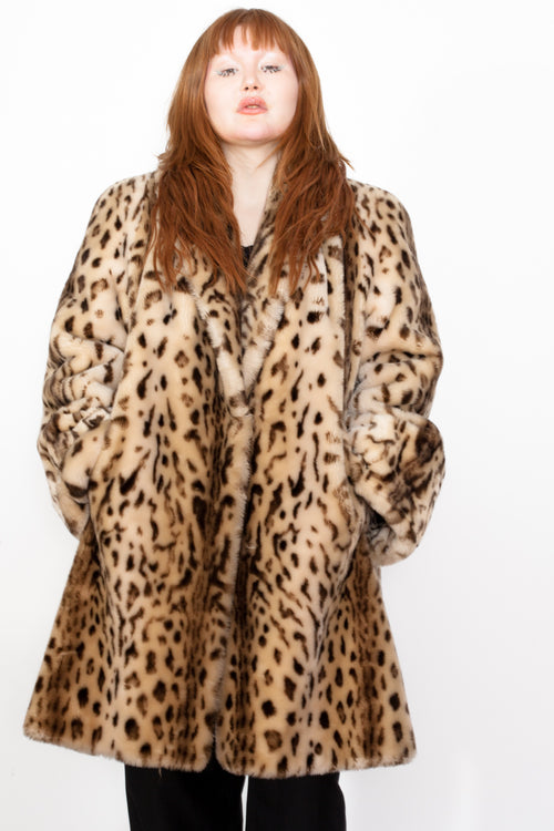 Vintage 90s Leopard Print Faux Fur Coat