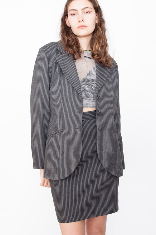 Vintage 80s Grey Pinstripe Blazer & Skirt Suit