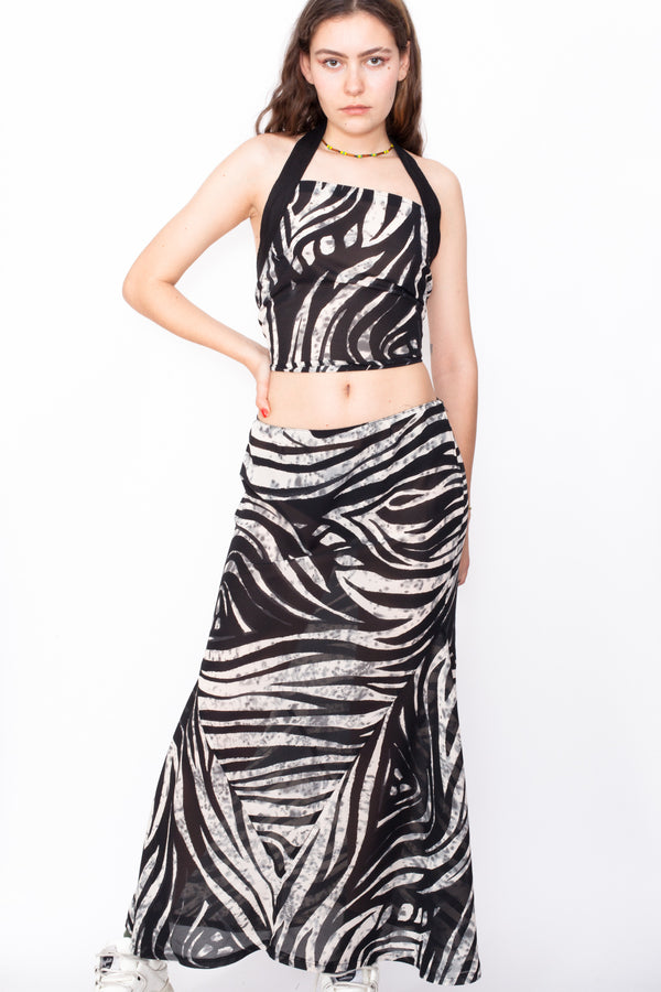 Vintage 90s Zebra Chiffon Halter Top & Skirt Co-Ords - The Black Market