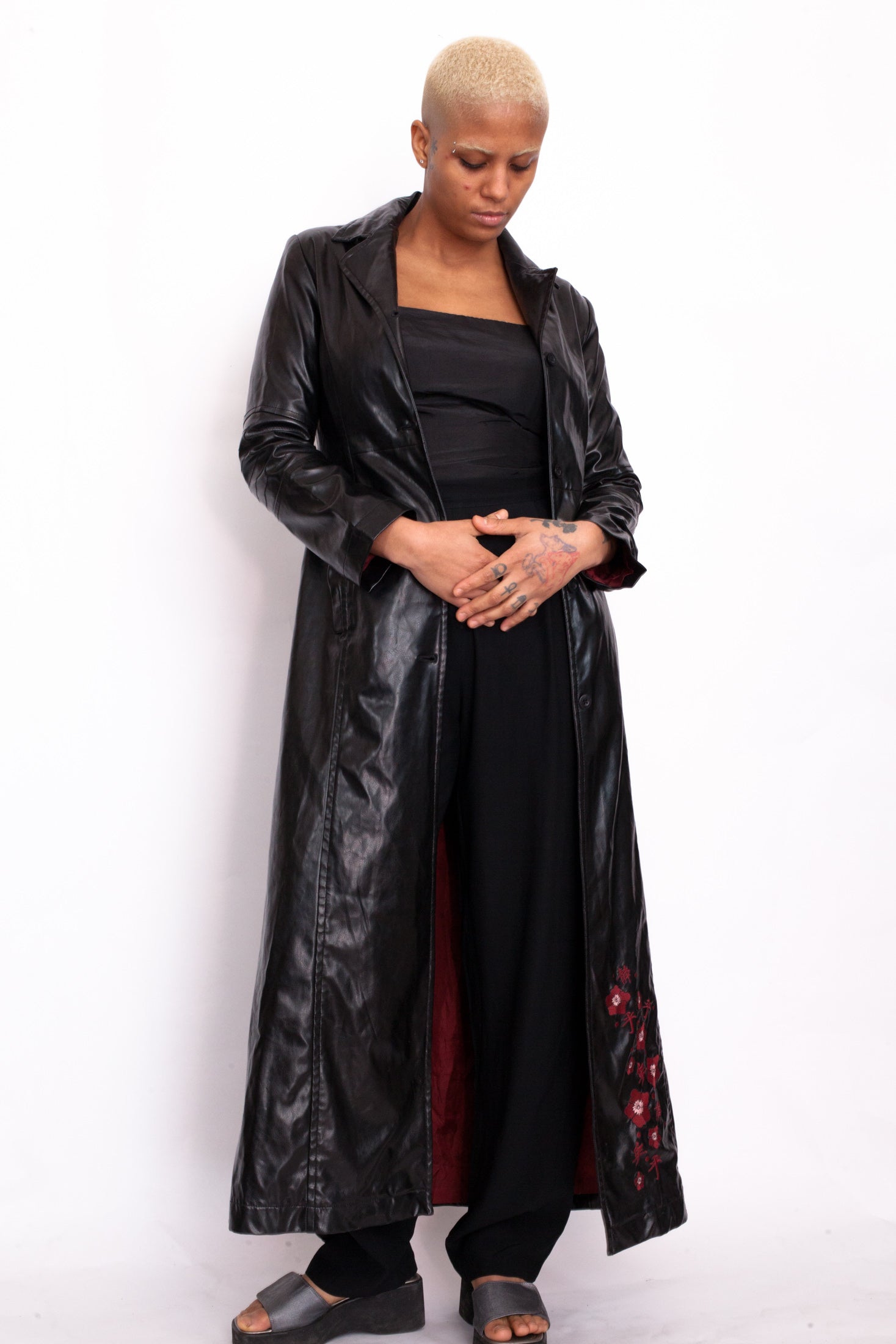Y2K Black Chinese Floral Embroidery Leather Coat – Not Too Sweet
