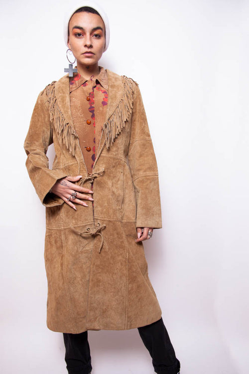Vintage 70s Suede Leather Tassles Trench Coat