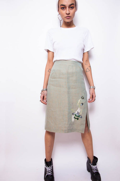 Vintage 90s Kenzo Embroidered Linen Skirt