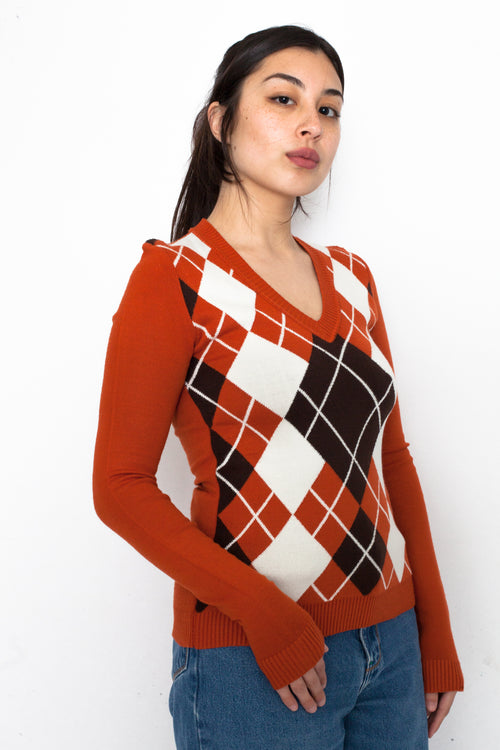 Vintage Orange Argyle Wool V-Neck Sweater