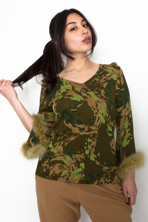 Y2K Green Camo Feather Sleeves Mesh Top