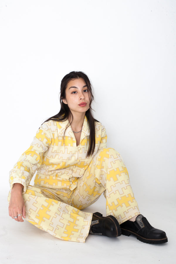 Vintage 70s Pattern Yellow Jacket & Trousers Suit