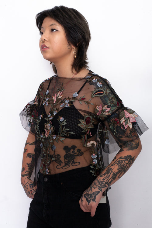 Vintage 90s Floral Embroidery Mesh Top