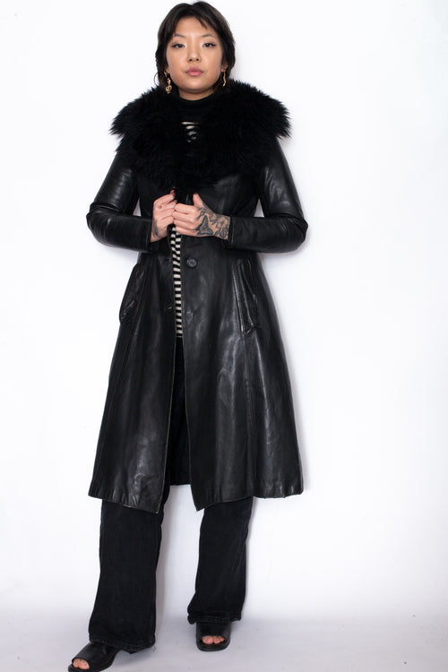 Vintage 90s Black Leather w/ Faux Fur Coat