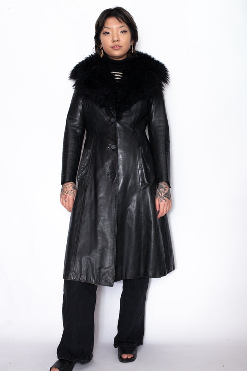 Vintage 90s Black Leather w/ Faux Fur Coat